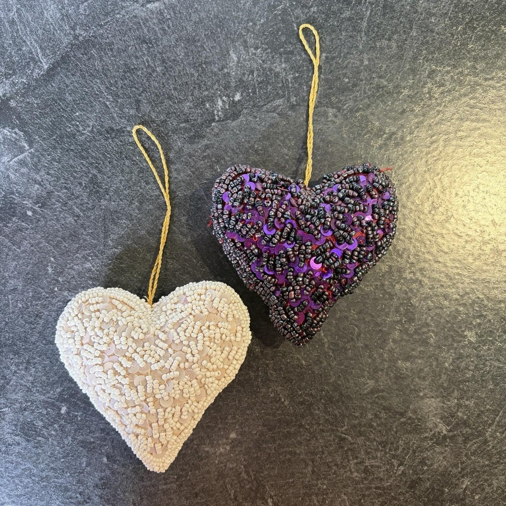 Vintage Christmas Sparkly Beaded Sequin Puffy Heart Ivory & Purple Ornament Set
